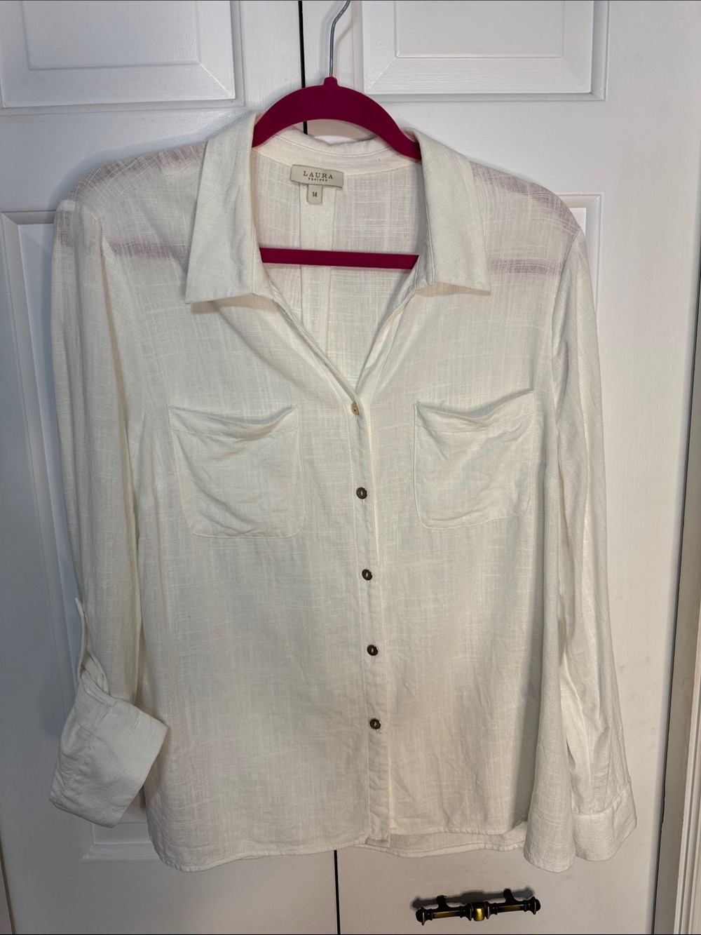 Laura Petite White Button-Front Pocket Shirt Sz 14